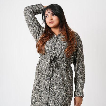 Linen Grey Floral Shirt Dress