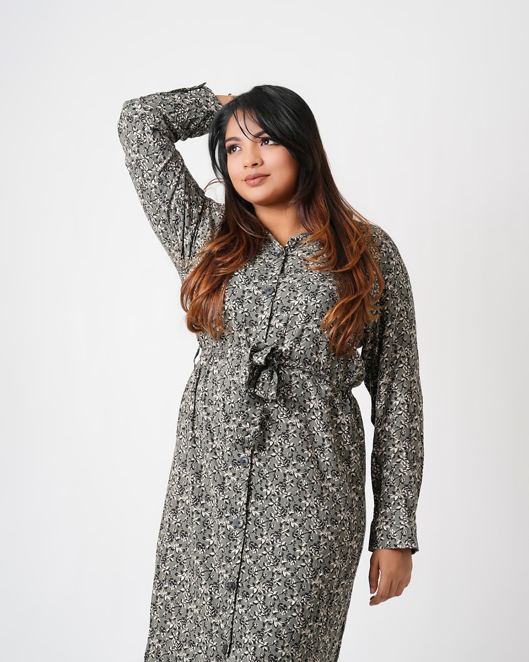 Linen Grey Floral Shirt Dress
