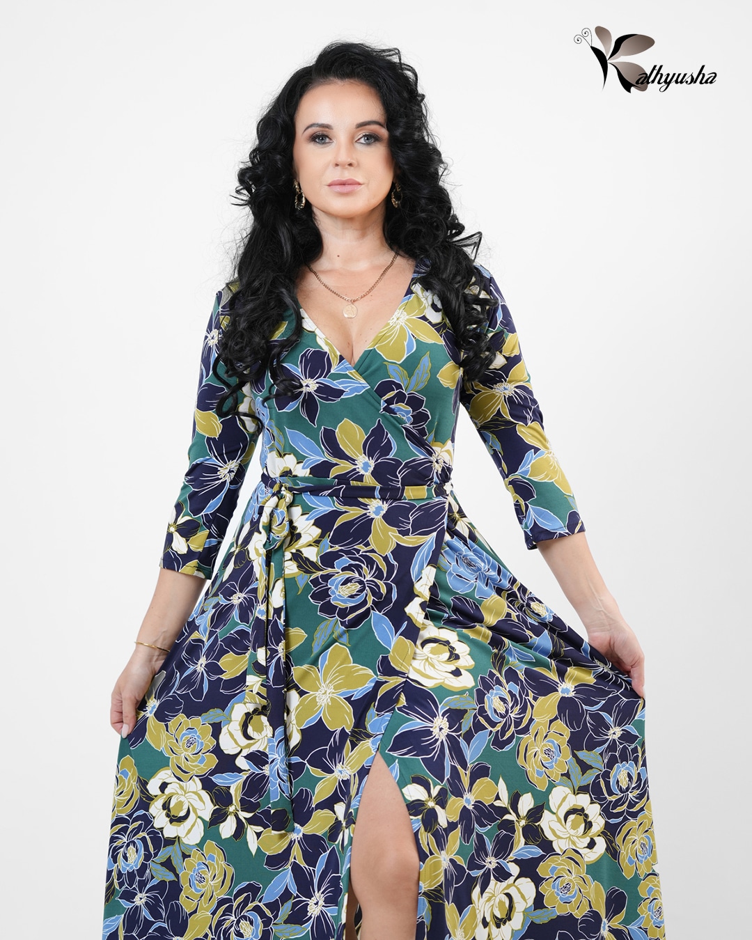 Green Rose Floral Luxe Wrap Dress