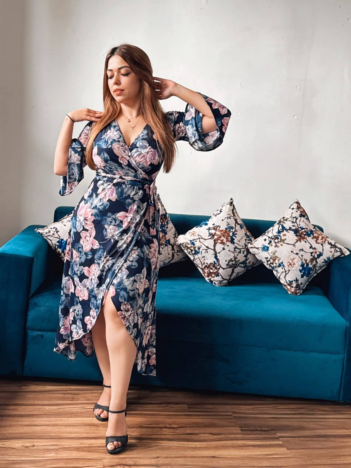 Blue Floral Kimono Wrap Dress
