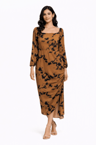 Brown Printed Batik Side Tie Dress